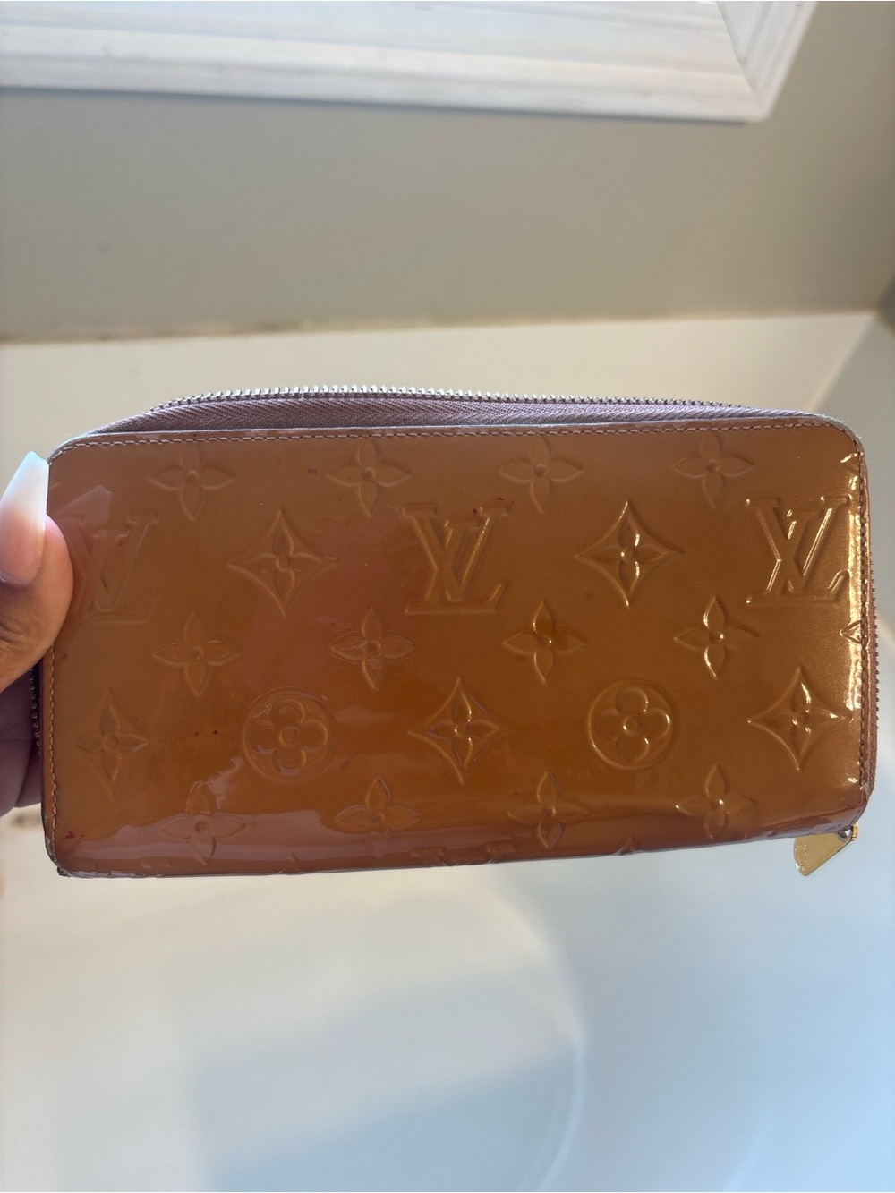 Louis Vuitton Patent Monogram Zip Wallet in Cognac Brown